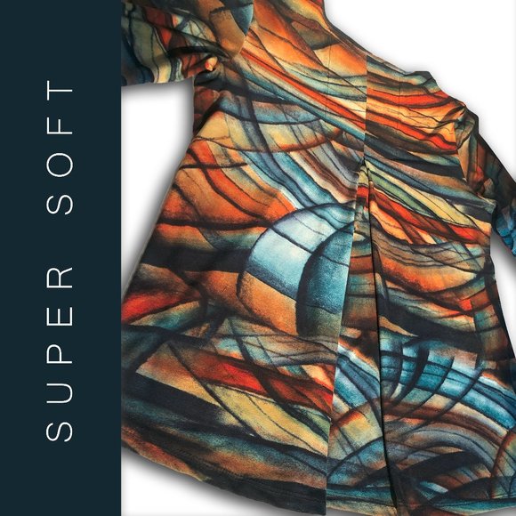 Colorful Abstract jewel tones long sleeve pleated back top super soft v neck L - Picture 1 of 4